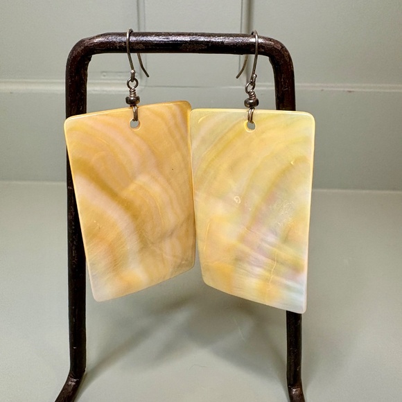 Vintage Rectangular Mother of Pearl Shell Drop Earrings Boho Dangle Iridescent - Picture 1 of 3